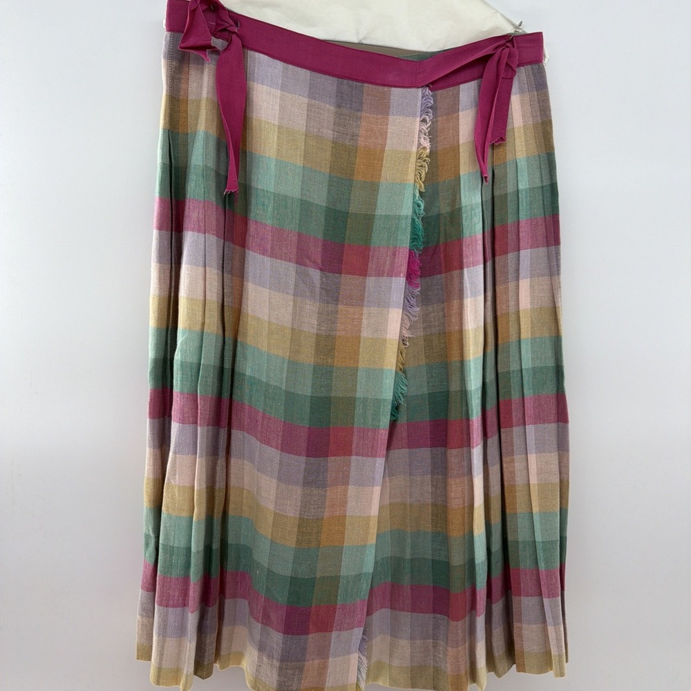 Vintage Cullinane Pink Pastel Plaid 100% Linen Wrap Maxi Skirt Sz 12 Frayed Edge
